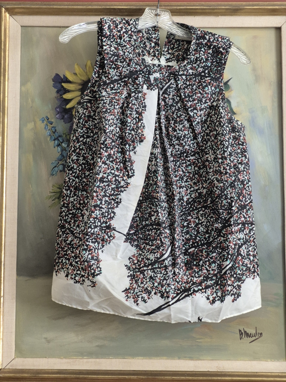 Sleeveless Floral Print A-Line Skirt - White with Black & Pink Print